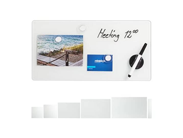 Relaxdays Tableau mémo magnétique\, Verre Protecteur\, Panneau Pense-bête\, 3 aimants\, 20 x40 cm\, Blanc