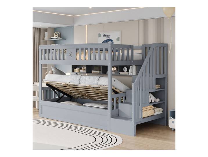 Odikalo Etagenbett Kinderbett 90x200 Holzbett mit Bettkasten (Unterbett hydraulisch, Stauraumtreppe, Regale)