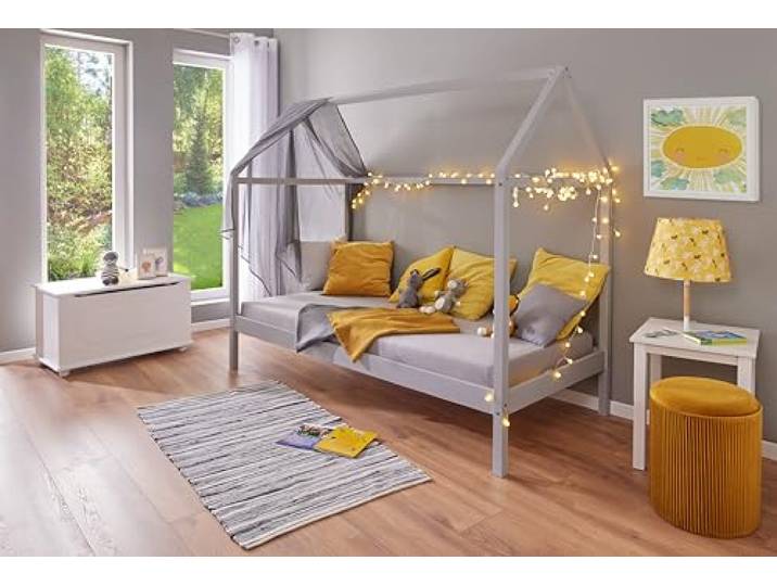 Inter Link – Kinderbett 90 x 200 cm– Hausbett – Jugendbett – aus massivem Kiefernholz – Für Jungen und Mädchen – Grau lackiert – Schadstofffrei – Pflegeleicht – Sun Road 90 x 200 cm