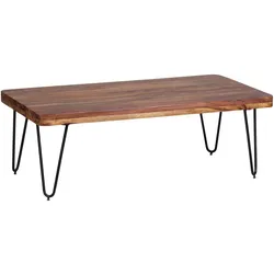 COUCHTISCH aus Massivholz mit Metallbeinen, handgefertigt, einzigartige Maserung, Braun 115x60x40 cm