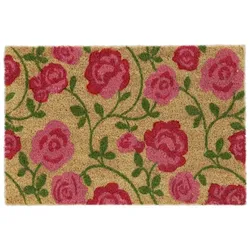 Relaxdays Kokos Fußmatte mit Rosen-Motiv Grün,Hellbraun,Pink