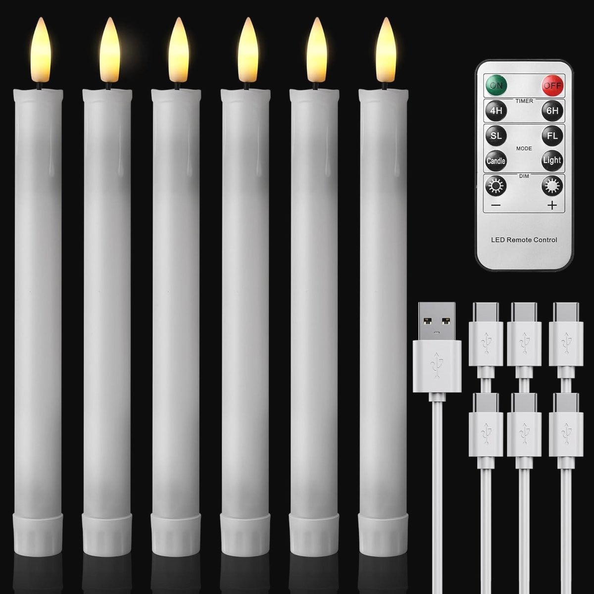 Set van 6 Lange Vlamloze Flikkerende LED-Kaarsen met Afstandsbediening - 22 cm