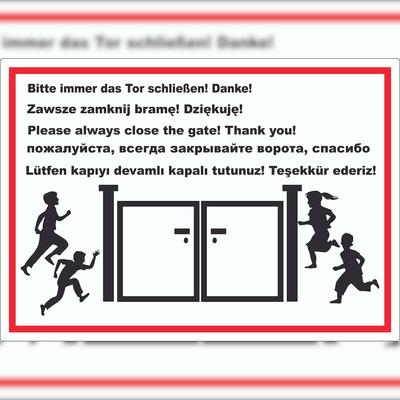 HB-Druck Tor schließen Kindergarten mehrsprachig Aufkleber A7 (74x105mm)