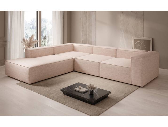 Designer Ecksofa Lesley mit langer Ottomane in Leinen-Optik - Beige - Links - Leinen-Optik - Luxusbetten24