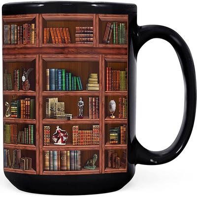 Multisell Products Hub Retro Book Pattern Mug, Literary Black Ceramic Coffee Cup, Vintage Bookshelf Theme, Book Lover Gift Mug g