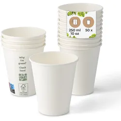 BIOZOYG 50 Stück kompostierbare Einwegbecher 250ml / 10oz Pappbecher, Trinkbecher, Wegwerfbecher, Getränkebecher, einwandig, weiß, kompostierbar