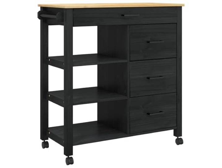 Foknhdi Küchentrolley Schwarz 84x40x88,5 cm Massivholz Kiefer Servierwagen Praktischer Rollwagen für Küche und Esszimmer mit geräumiger Schublade, stabilen Holzablagen und Feststellrollen.