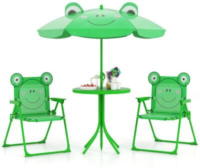 Costway 4 Pieces Kids Picnic Set with 2 Folding Chairs and Height Adjustable Umbrella-Green
