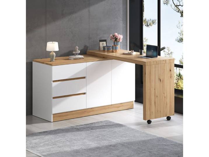WOVREO Bureau secrétaire pliant à roulettes angle L 2 portes 3 tiroirs blanc et chêne