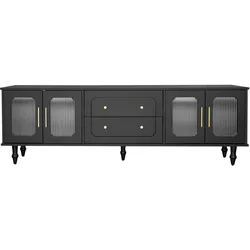 TV-LOWBOARD Schwarz & Gold 175 cm mit geriffeltem Glas & Retro-Design