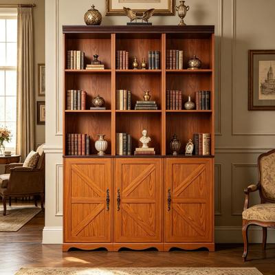 Farmhouse 3-in-1 Combined Storage Cabinet, 3D Wood Grain Surface MDF Bookshelf