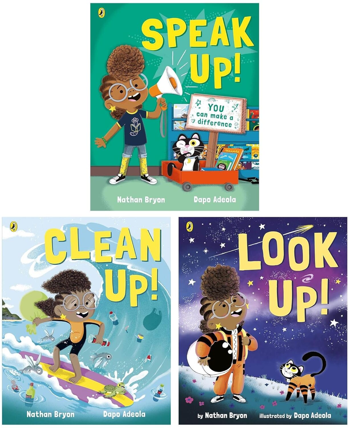 Rocket Says Look Up! Clean Up! Speak Up! by Nathan Bryon - Puffin Paperback Picture Book Set - Ages 3-7 - Space, Environment & Activism Stories