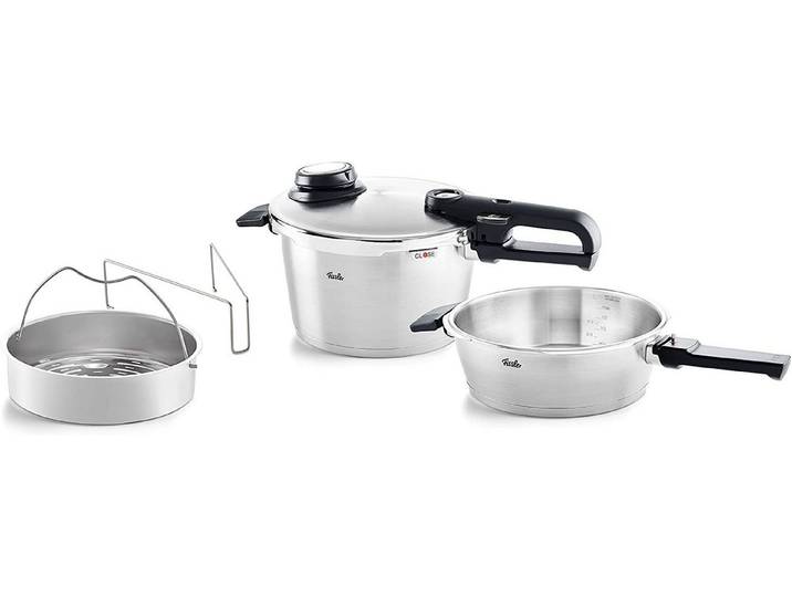 Fissler Schnellkochtopf Vitavit® Premium Dampfkochtopf Set Edelstahl Made in Germany, Edelstahl 18/10 (4-tlg), Verriegelungsanzeige, Einstellbares Abdampfen, Einstellbare Kochstufen