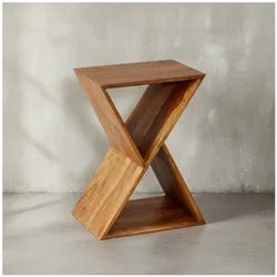 KADIMA DESIGN Extravaganter Beistelltisch aus Sheeshamholz, X-förmige Konstruktion, 2 Ablagen