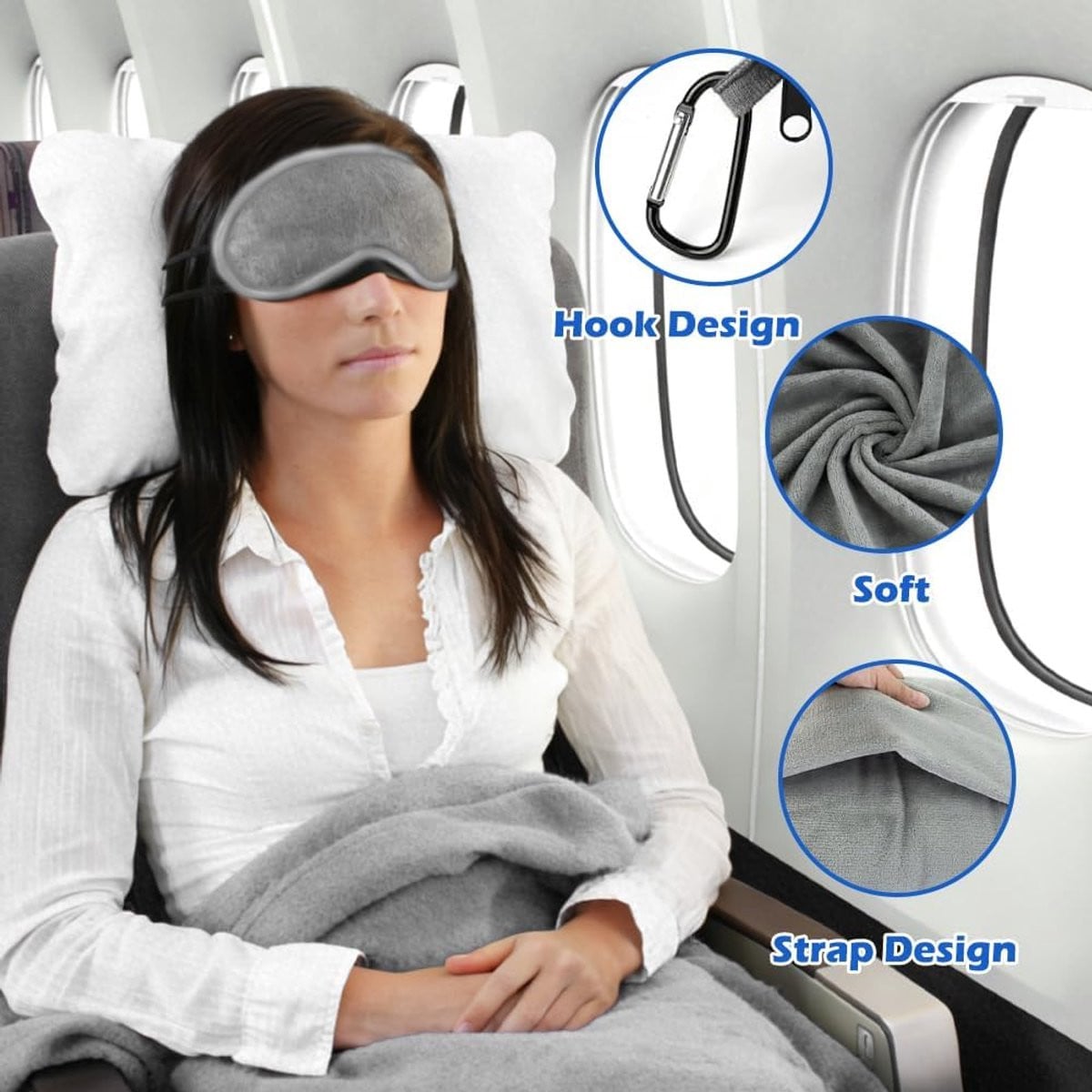 3-in-1 reisset met ultralichte warme deken, opblaasbaar vliegtuigkussen en accessoires, grijs