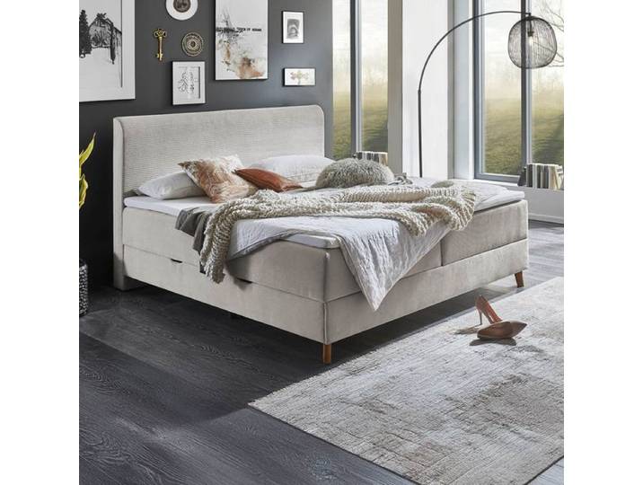 Boxspringbett Ronnes Webstoff mit Bettkasten 180x200cm Box und Matratze befinden sich in einem durchgehenden Bezug Härtegrad: H3 Creme