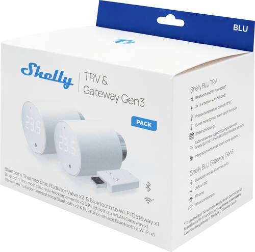 Shelly BLU TRV Heizkörperthermostat 2-er Pack Gateway, Heizkörperthermostat Bluetooth Low Energy, Wi-Fi