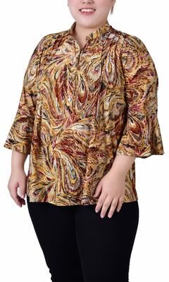 NY COLLECTION 3/4 Bell Sleeve Pleat Front Y Neck Top