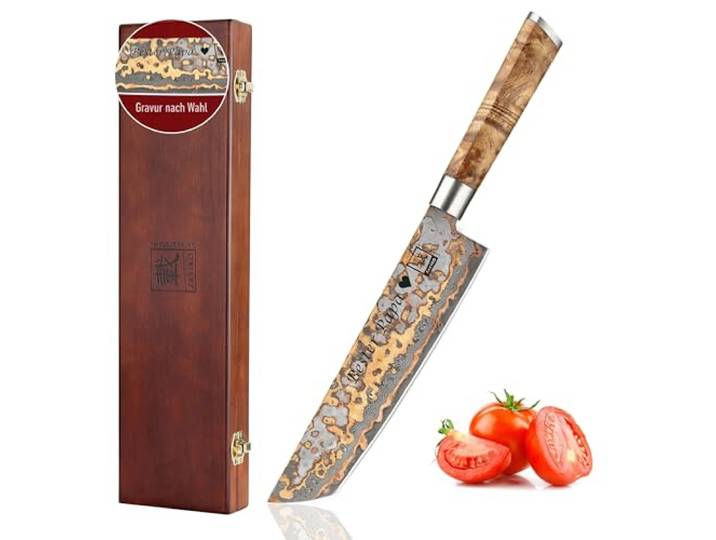 zayiko MysticMagma Tanto Messer mit Gravur – Personalisiertes Messer, 20,5 cm Damaststahl-Klinge, Kupfer- & Bronzeinlay, Ahornwurzelholzgriff – Messer mit Gravur personalisiert, Geschenkbox