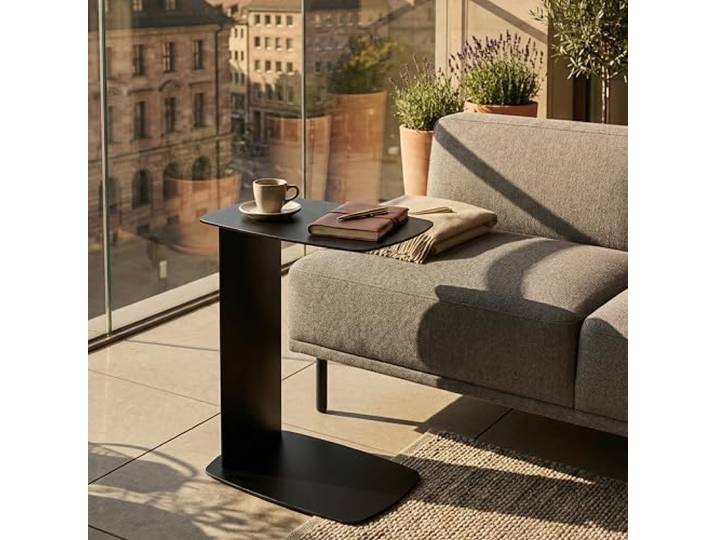 Siqual Design Beistelltisch Metall C-Form, pulverbeschichtet & wetterfest – Sofa Couch Tisch für Wohnzimmer, Balkon & Terrasse – Standby (Schwarz)