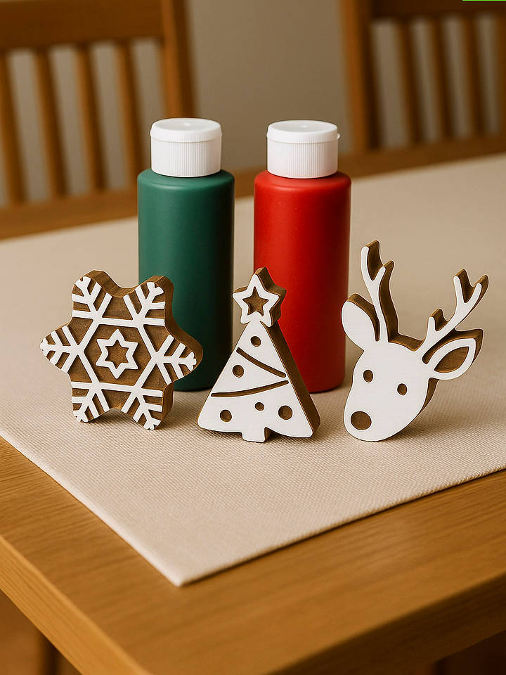 Samimi 7tlg. Blockdruck-Set ''Christmas'' in Beige/ Grün/ Rot - onesize