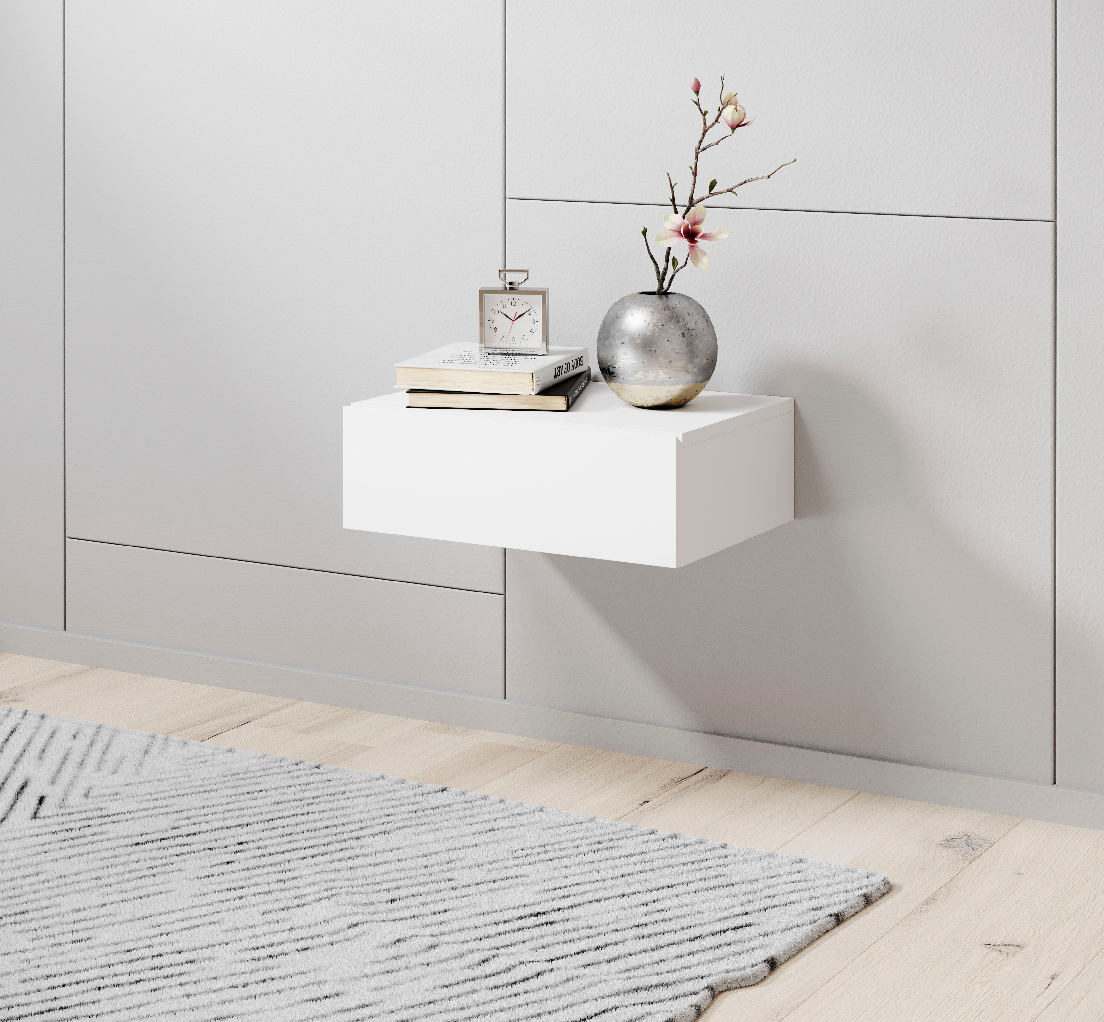Nachtkommode SCHLAFKONTOR "Tajo", weiß, B:42cm H:14cm T:30cm, Melamin, Sideboards, Nachtkommode, mit Schublade, Nachtkonsole für Wandmontage