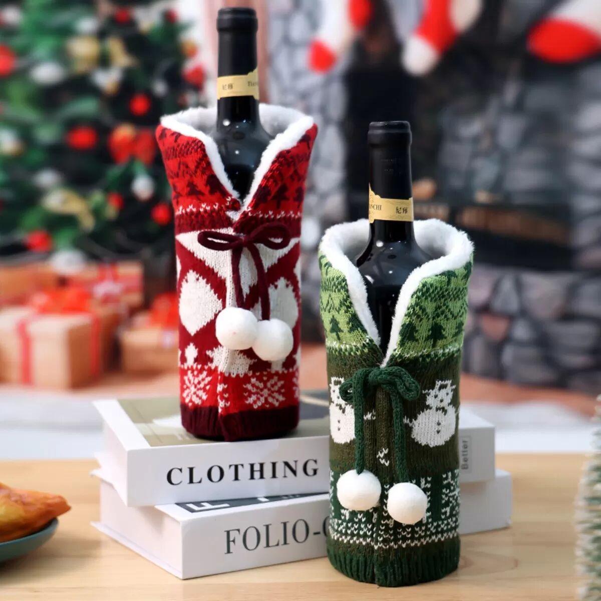 INF Festliche Weihnachts-Weinflaschenhülle - Gestrickte Feiertagsdekoration Grün