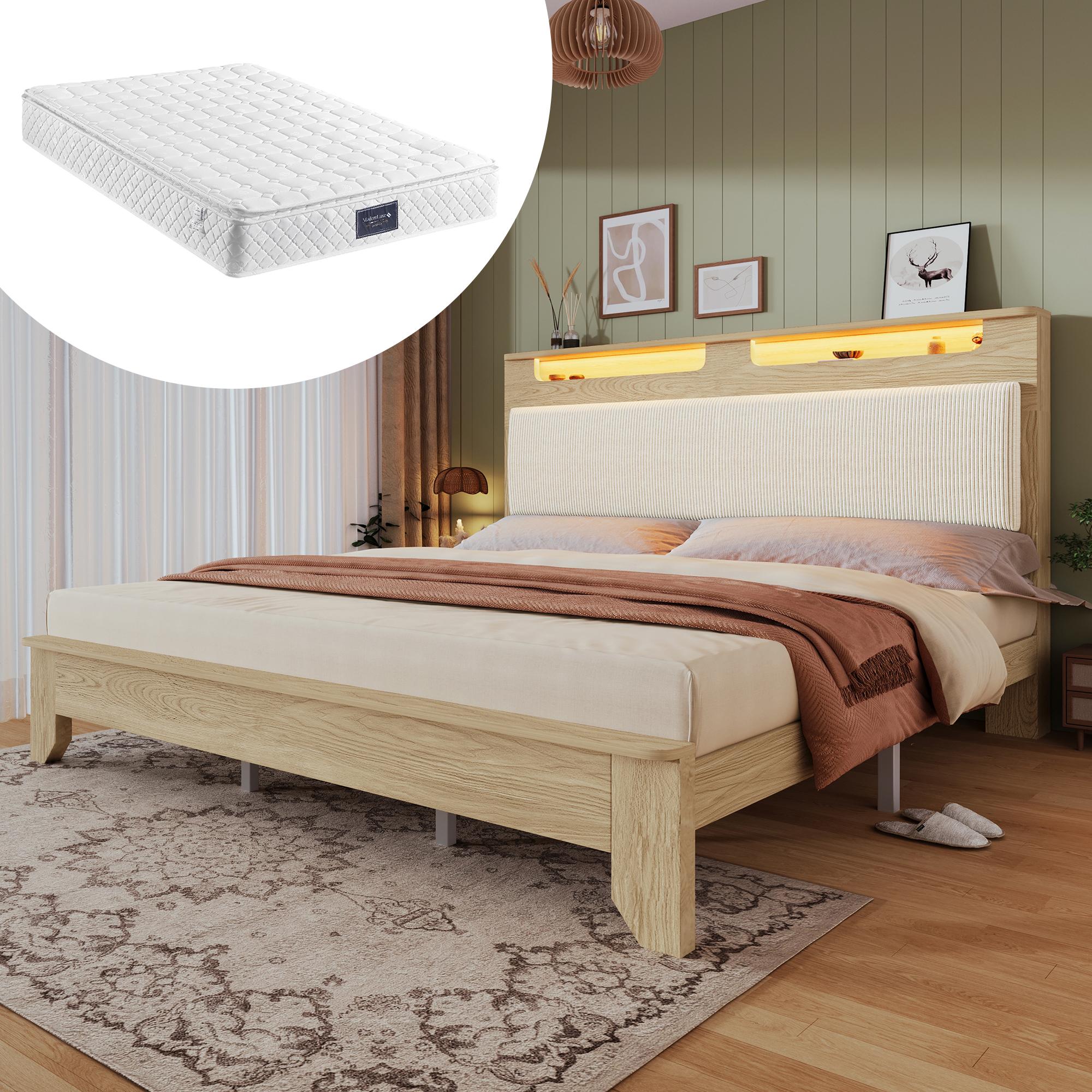 Doppelbett Holzbett 140×200cm, Kopfteil mit Stauraum, LED-Beleuchtung und Beigefarbener Cordpolster-Rückenlehne, Bettrahmen mit Holzlatten