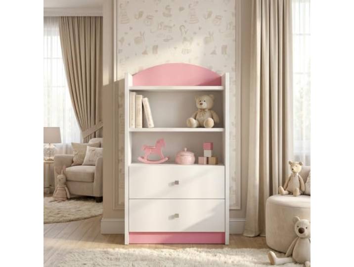 Happy Babies Niedriges Aufbewahrungsregal Kinderzimmer Weiß, Kinderregal Standregal für Spielzeug und Bücher ohne Motiv, Jugendzimmer Unisex, Rosa