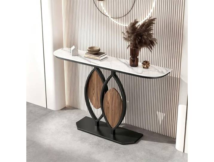 Moderner Konsolentisch mit Steinplatte, Flurtisch für Eingangsbereich Robuste Steinplatte, Metallrahmen, Schmaler Flurtisch, Sofatisch, Wohnzimmer(Black+White,39.4in(100cm))