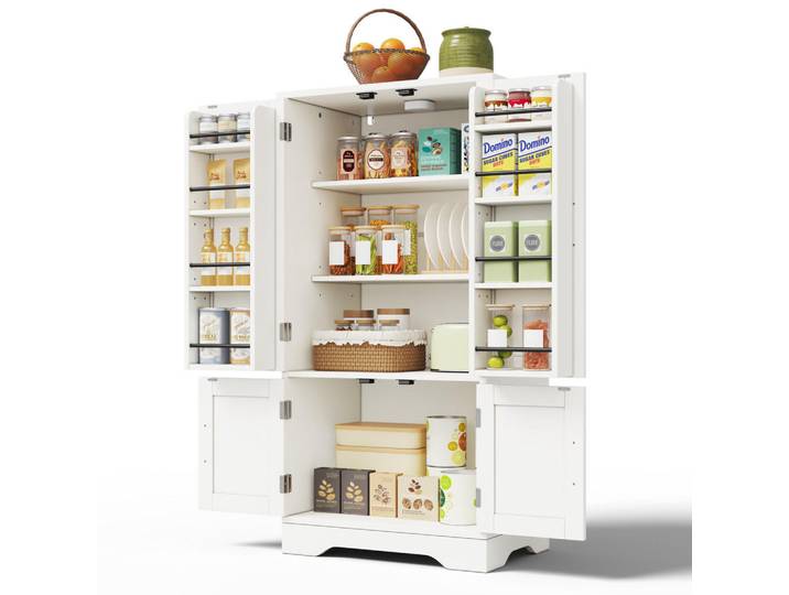 Redom Hochschrank 4-türig mit LED-Sensorlicht, 3D-Wellenmuster aus Mdf, 120/60/40 cm, Weiß, 60x120x40 cm, Esszimmer, Anrichten, Buffetschränke