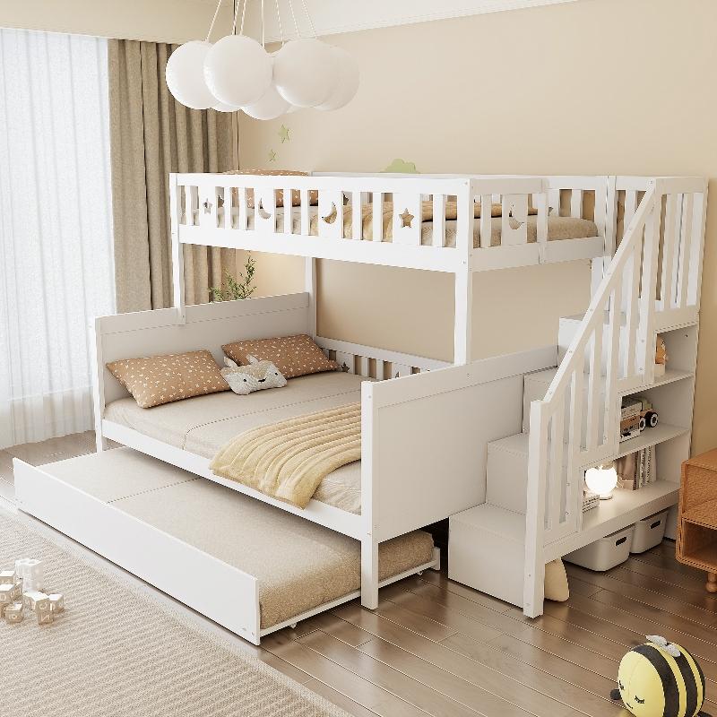 Kinder-Etagenbett 90x200cm/140x200cm aus Massivholz in Weiß mit Sicherheitstreppe, Rollbett und Lattenrost für Kinderzimmer