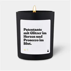 Chatty Candles, Duftkerzen, Duftkerze Schwarz Woody "Patentante mit Glitzer im Herzen und Prosecco im Blut."