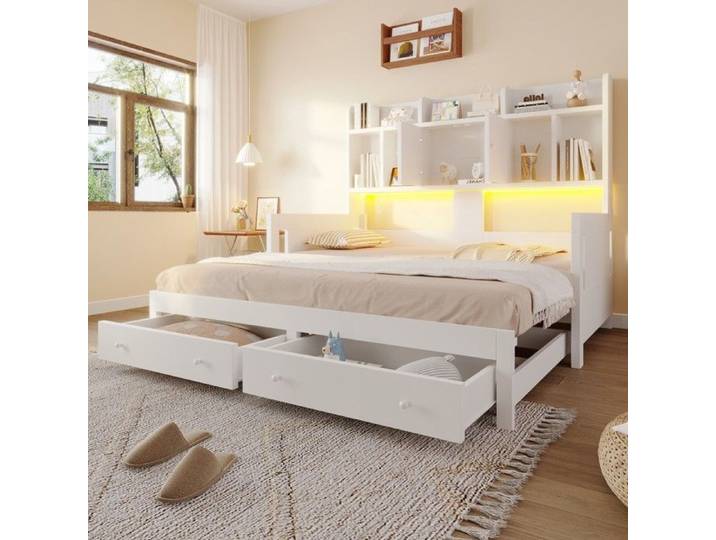CollaHausse Canapé-Lit Multifonctionnel en Bois Blanc avec Tiroirs Armoires Prises Électriques et Éclairage LED