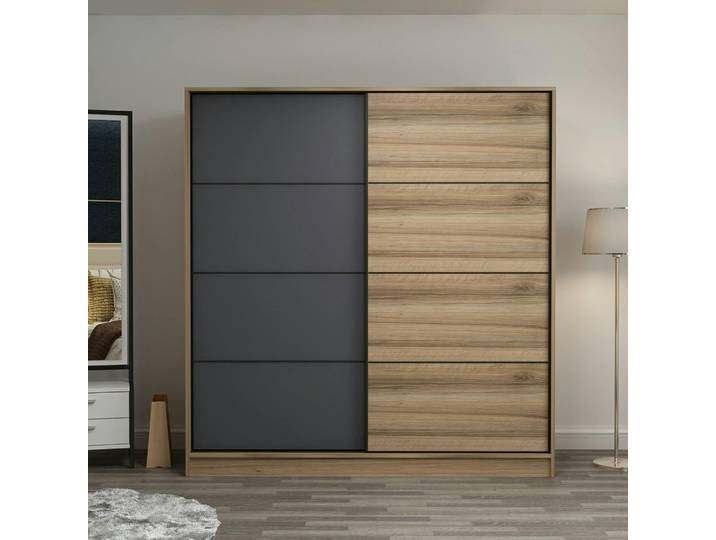 Armoire 2 penderies 6 casiers 2 tiroirs BYRON - Chêne / Anthracite