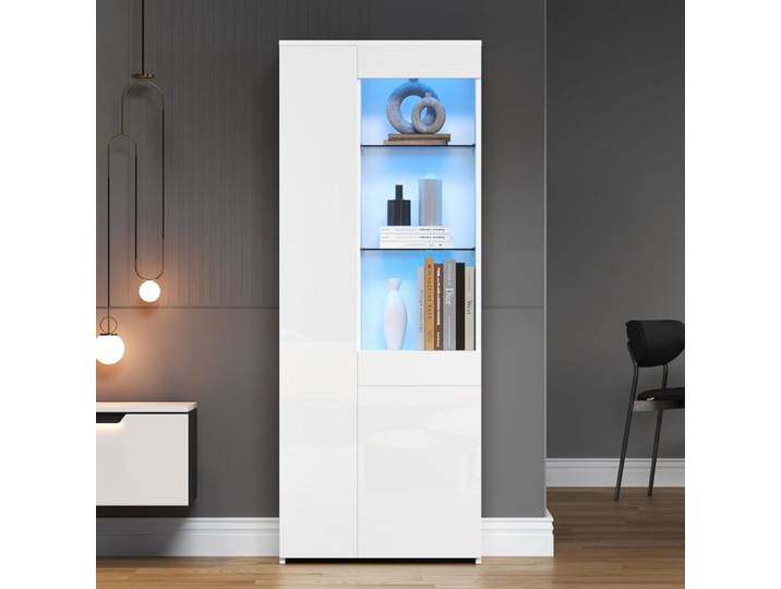 Vitrine avec tiroirs vitrine en verre brillant avec éclairage LED armoire haute avec placard vitrine au sol blanc 70x35x180cm