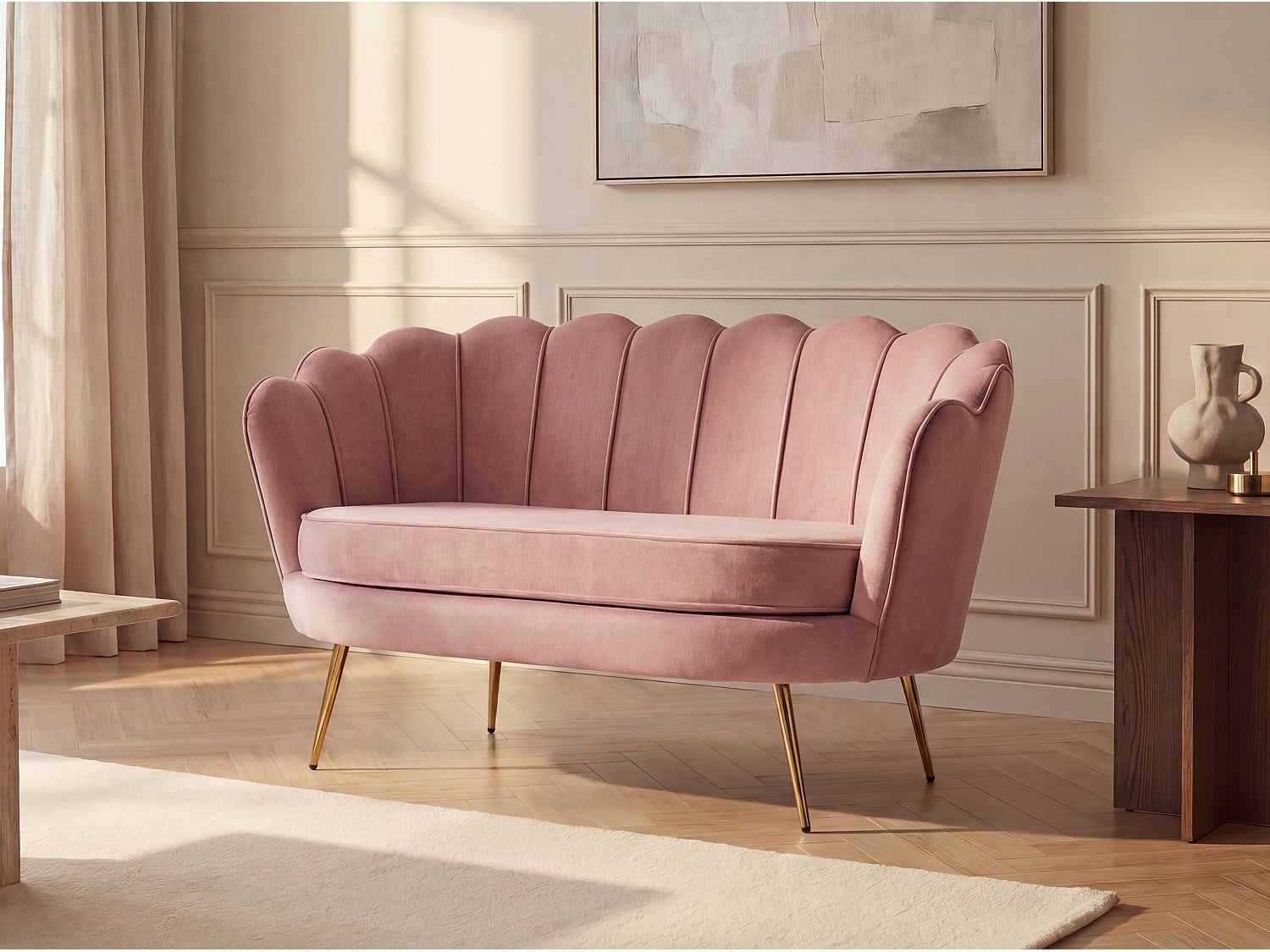 Vente-unique DANDELION Tweezitsbank in roze velours met schelpvormig ontwerp