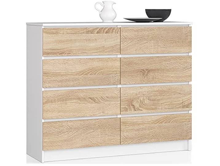 AKORD Kommode K120, 8 Schubladen, 120 cm, Weiß - Sonoma-Eiche Front 40 x 99 x 120 cm Sideboard für Wohnzimmer, Schlafzimmermöbel, Kommodenschrank für Arbeitszimmer & Büro