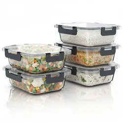 Arendo Frischhaltedose, mit Deckel 5er Set, Vorratsdosen, Glas-Lunchboxen, auslaufsicher, transparent/schwarz