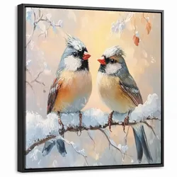 LEINWAND Bilder mit Rahmen - Vögel - Zweig - Winter - Schnee - 50x50