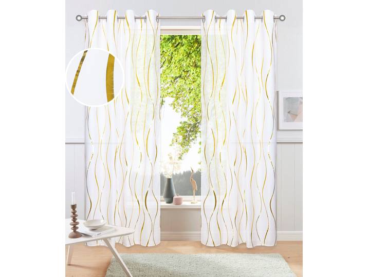 Gardine GOODPRODUCT Quinnton , gelb (weiß, goldfarben), B:140cm H:225cm, Polyester, Polyester, Gardinen, Gardine, Metallic-Akzente, Gardine, mittelleichter Stoff, halbtransparent