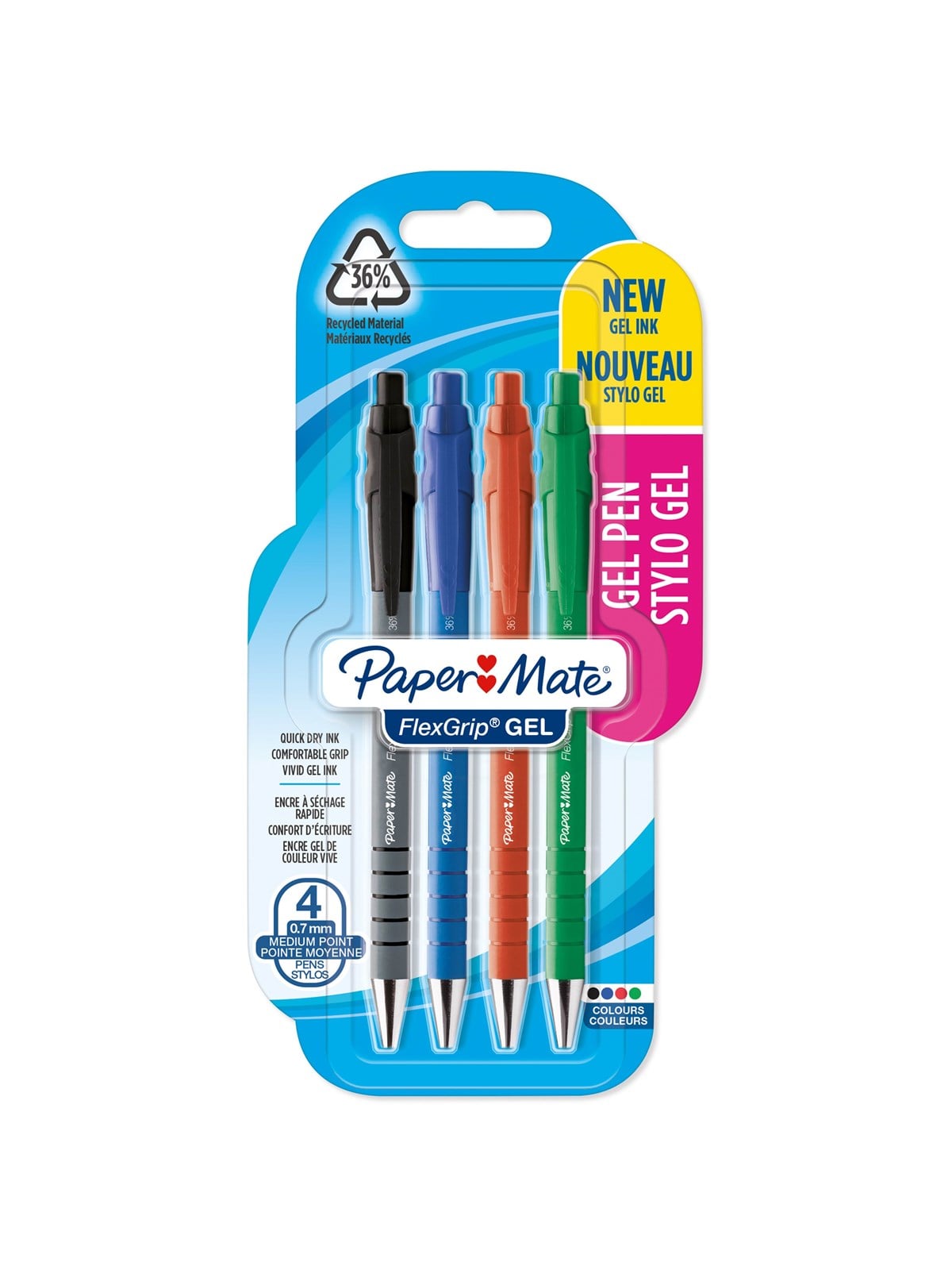 Paper Mate FlexGrip Gelstifte | 0,7 mm | schwarze | blaue | rote & grüne Tinte | 4 Stück