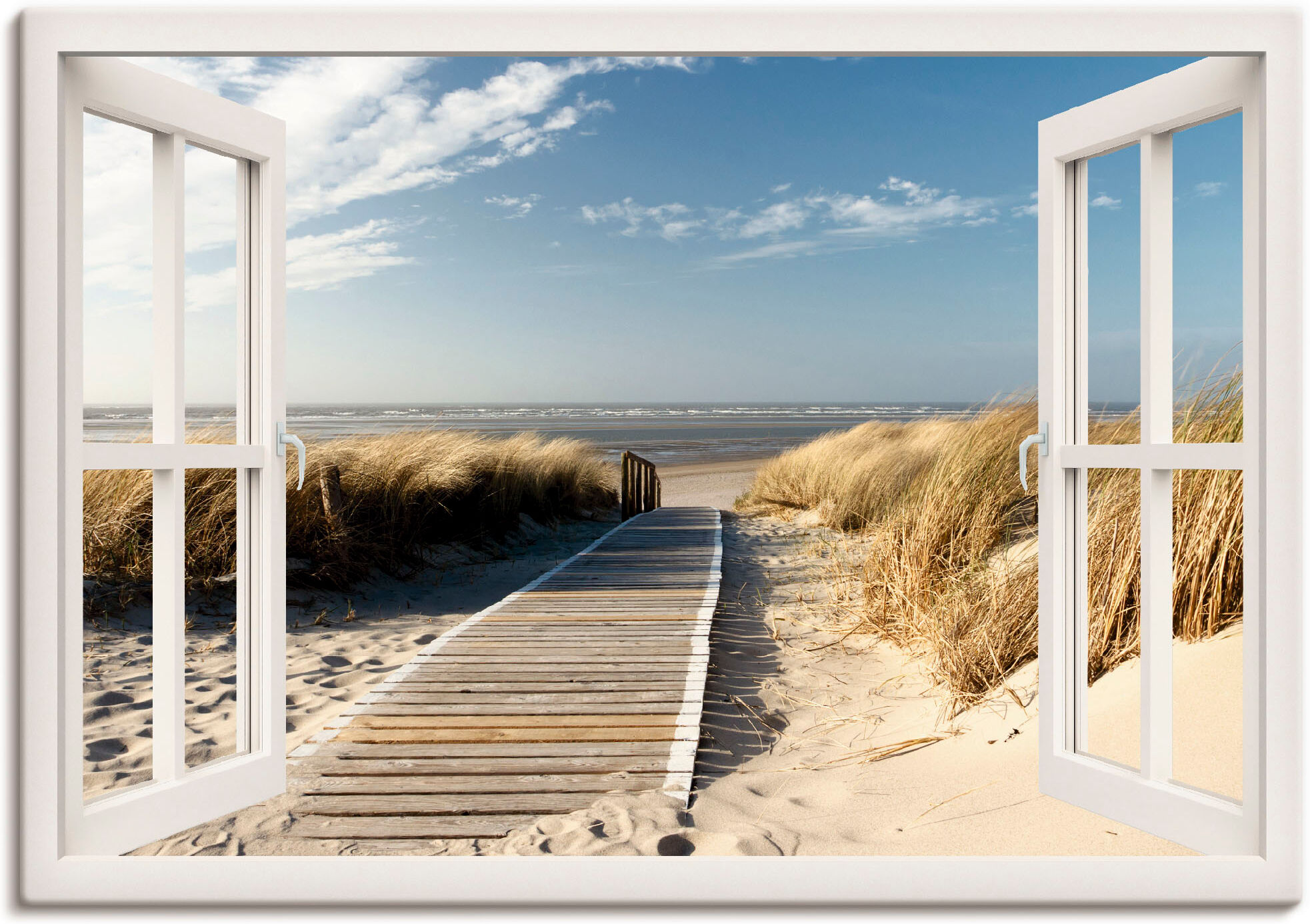 Artland "Fensterblick Nordseestrand auf Langeoog" Fensterblick 1 Stk. tlg. als Leinwandbild, Poster in verschied. Grössen farbe bild(er): weiß B/H/T: 130cm x 90cm, Leinwandbild Fensterblick Querformat, 1 Stk.