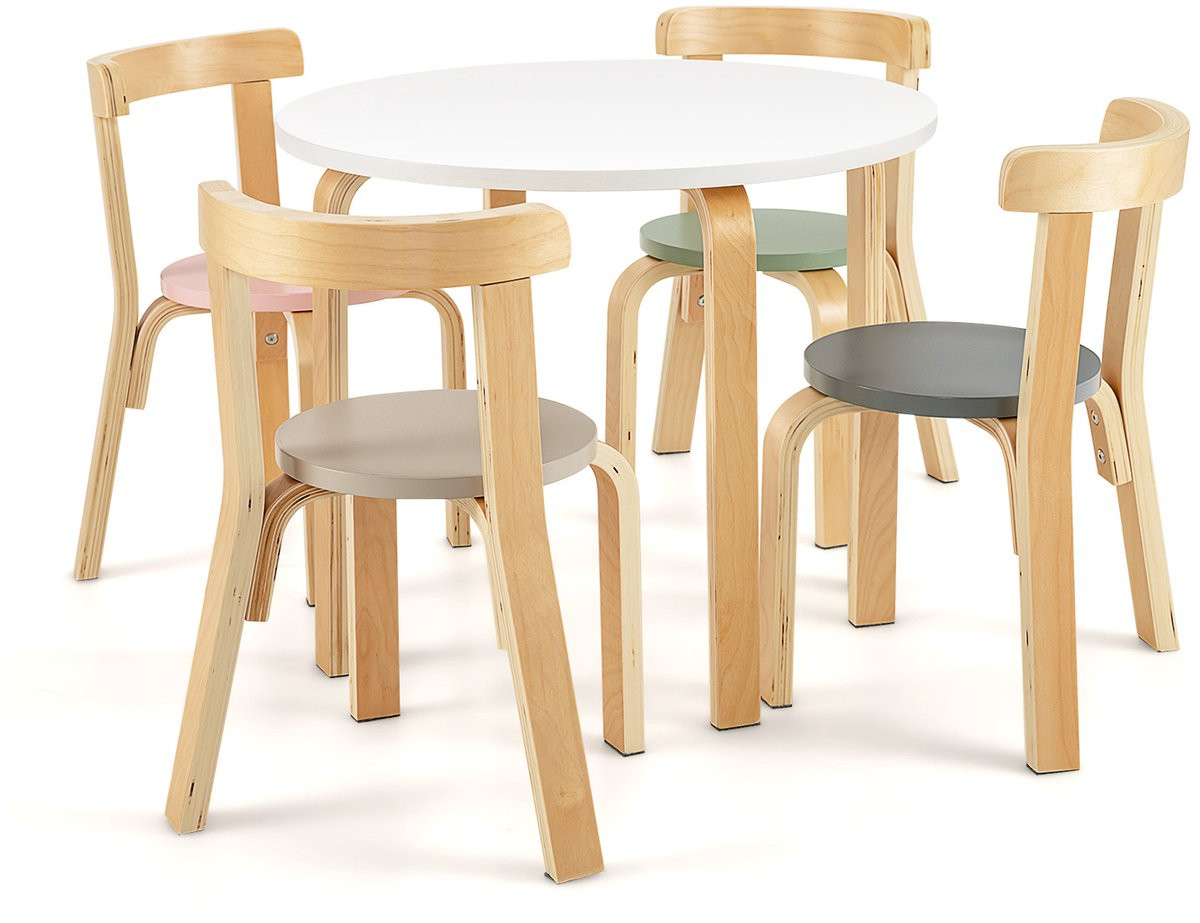 COSTWAY Kindermeubel set met ronde houten tafel en 4 stoelen, kleurrijk