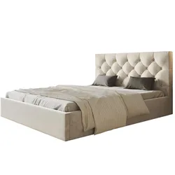 BETT 140x200 - Polsterbett mit Bettkasten und Metallrahmen - Elegant Betten - Weicher Jasminstoff - Kollektion Boston, Beige