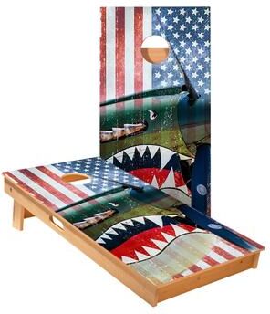 Skip's Garage Vintage American Flag Plane Cornhole Boards