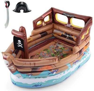 Pirate Ship Bounce House Inflatable Bouncy Castle w/ Built-in Motor - Brown