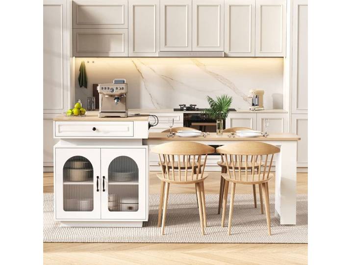 NuvlaGu - Îlot de cuisine extensible 128-200 cm - avec éclairage LED table de bar et prise rangement - Blanc