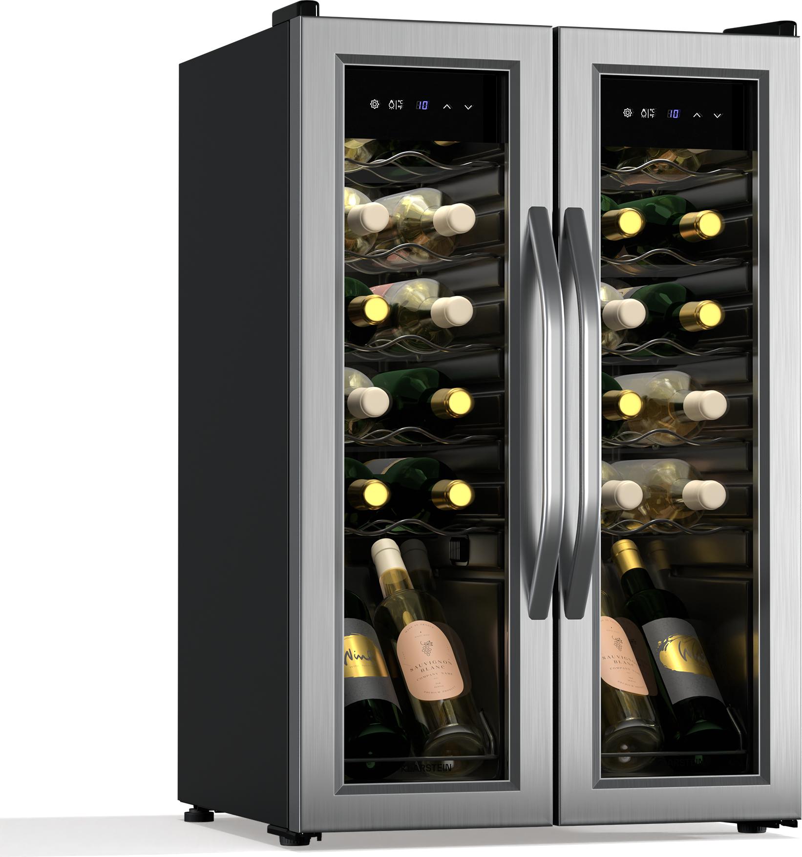 Klarstein Vinamour Weinkühlschrank 2 Zonen - 24 Flaschen, 5-18 °C, Touch-Steuerung, LED-Beleuchtung, Freistehend, Edelstahl-Doppeltür, Weinklimaschrank