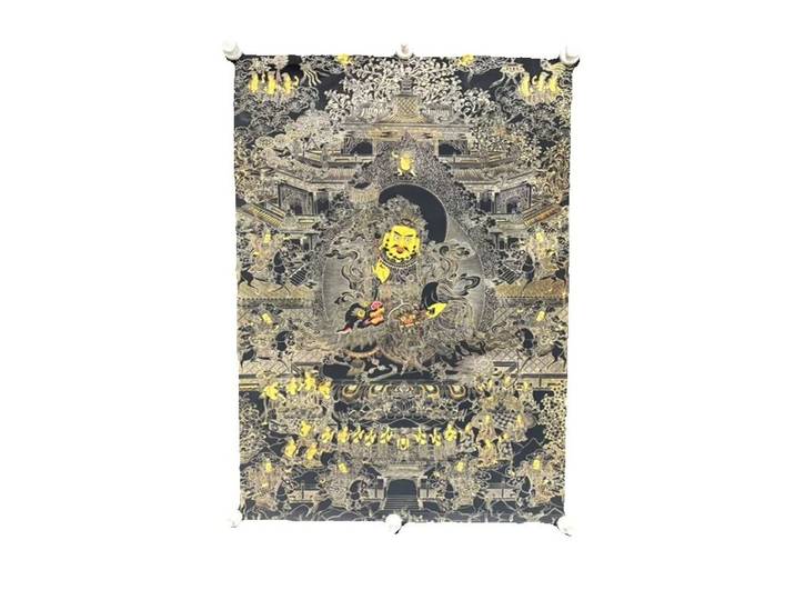 Bouddhisme tibétain - Trésor noir et or - Peinture sur soie Tangka - Artisanat d'art - Décoration murale bouddhiste ancienne faite à la main pour la décoration intérieure